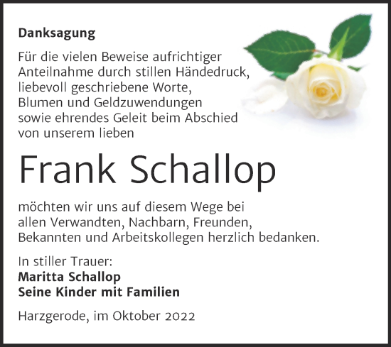 Traueranzeige von Frank Schallop von Trauerkombi Quedlinburg
