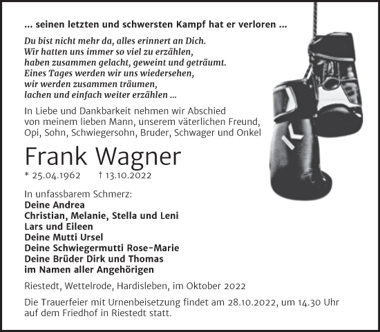 Traueranzeige von Frank Wagner von Trauerkombi Sangerhausen