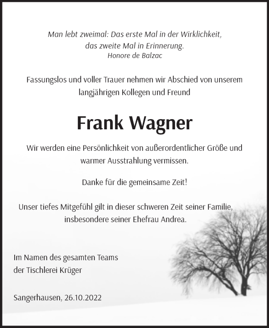 Traueranzeige von Frank Wagner von Wochenspiegel Sangerhausen