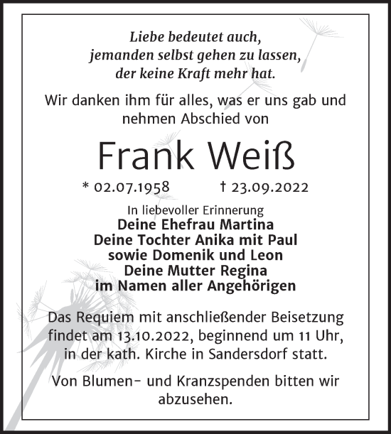 Traueranzeige von Frank Weiß von Trauerkombi Bitterfeld