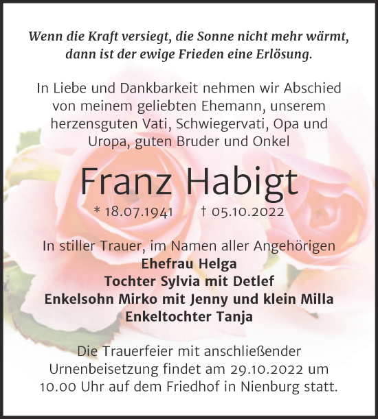 Traueranzeige von Franz Habigt von Trauerkombi Bernburg