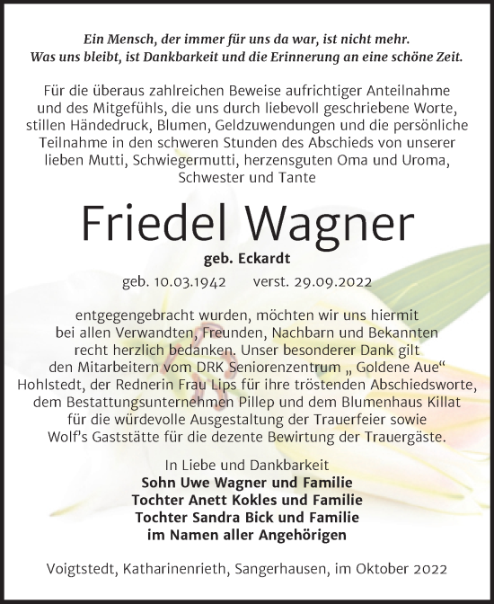 Traueranzeige von Friedel Wagner von Trauerkombi Sangerhausen