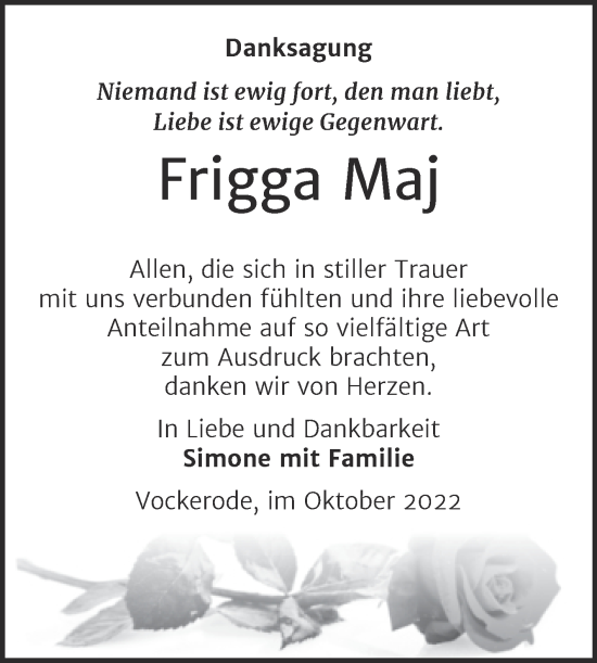 Traueranzeige von Frigga Maj von Trauerkombi Wittenberg