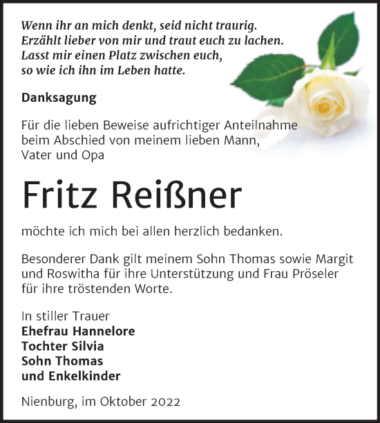 Traueranzeige von Fritz Reißner von Trauerkombi Bernburg