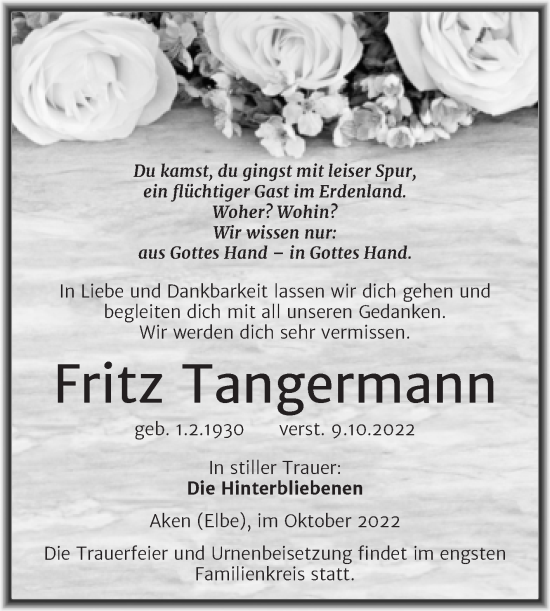 Traueranzeige von Fritz Tangermann von Trauerkombi Köthen