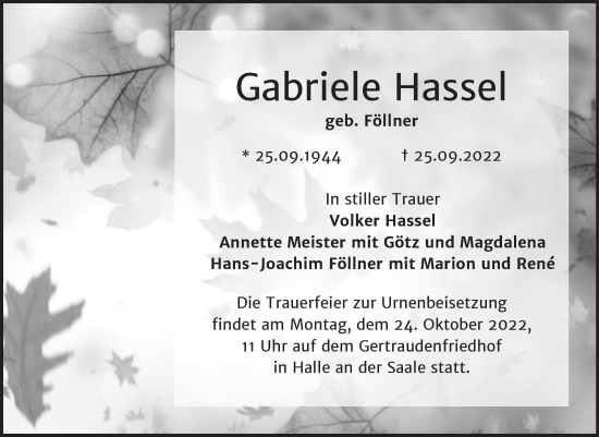 Traueranzeige von Gabriele Hassel von Mitteldeutsche Zeitung Halle/Saalkreis