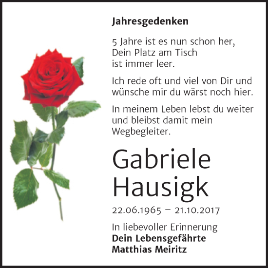 Traueranzeige von Gabriele Hausigk von Trauerkombi Bitterfeld