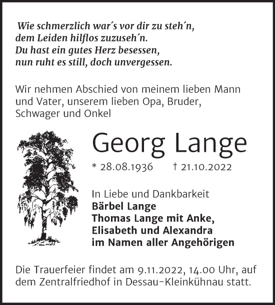Traueranzeige von Georg Lange von Trauerkombi Dessau