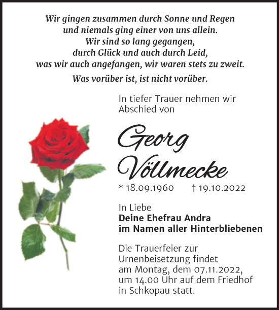 Traueranzeige von Georg Völlmecke von Trauerkombi Merseburg