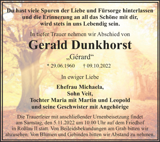 Traueranzeige von Gerald Dunkhorst von Trauerkombi Dessau