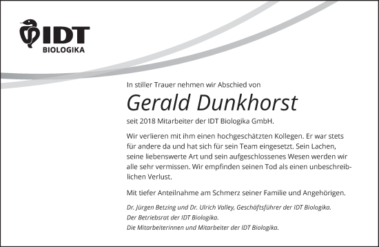Traueranzeige von Gerald Dunkhorst von Mitteldeutsche Zeitung Dessau-Roßlau