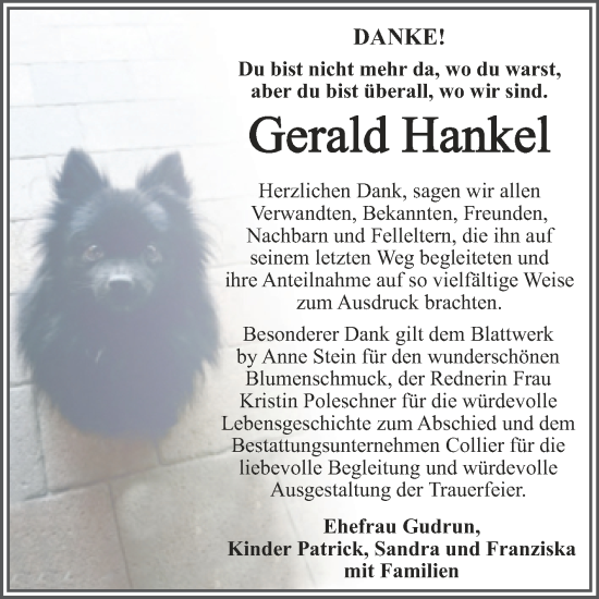 Traueranzeige von Gerald Hankel von Trauerkombi Dessau