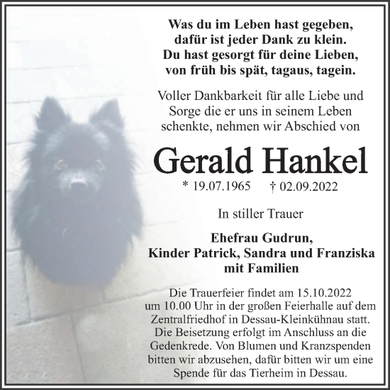Traueranzeige von Gerald Hankel von Trauerkombi Dessau