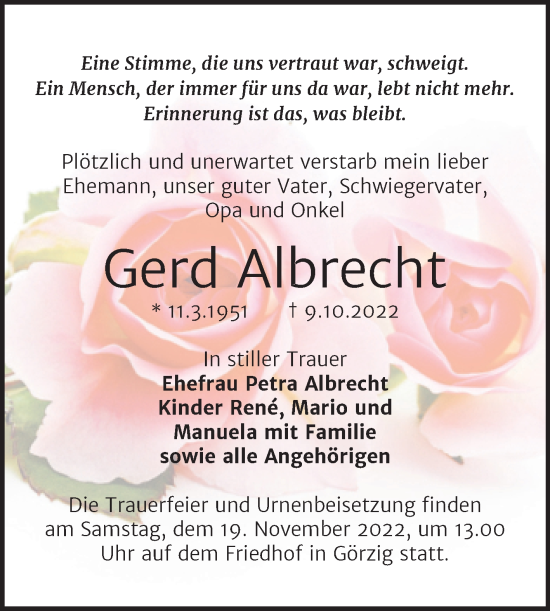 Traueranzeige von Gerd Albrecht von Trauerkombi Köthen