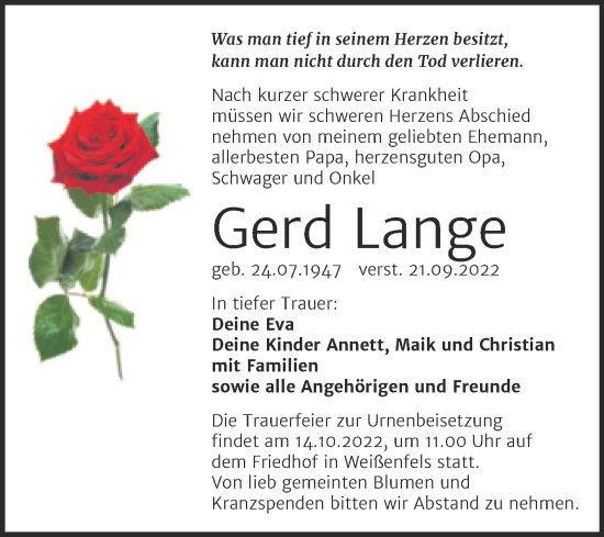 Traueranzeige von Gerd Lange von Trauerkombi Weißenfels