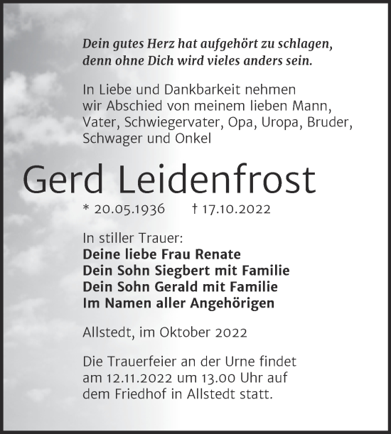 Traueranzeige von Gerd Leidenfrost von Trauerkombi Sangerhausen