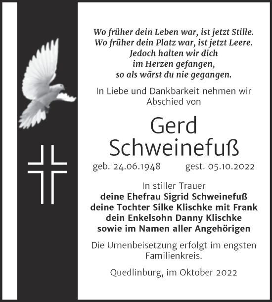 Traueranzeige von Gerd Schweinefuß von Trauerkombi Quedlinburg