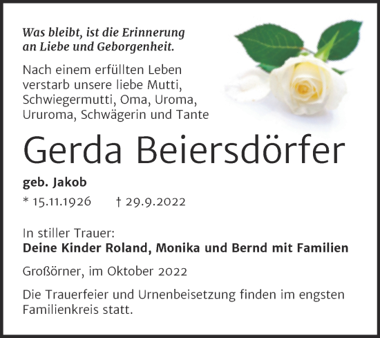 Traueranzeige von Gerda Beiersdörfer von Trauerkombi Mansfelder Land