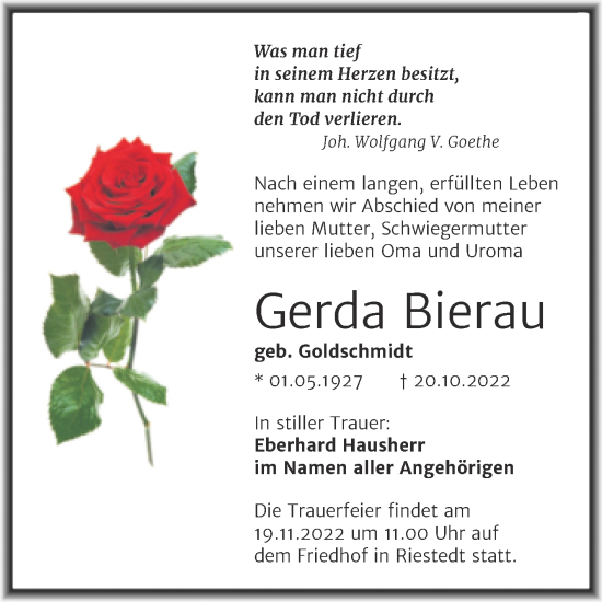 Traueranzeige von Gerda Bierau von Trauerkombi Sangerhausen