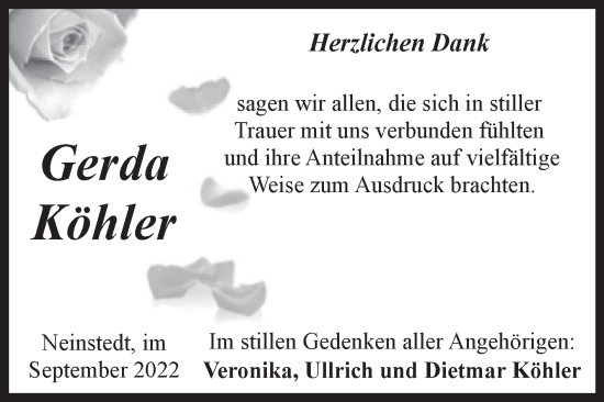 Traueranzeige von Gerda Köhler von Trauerkombi Quedlinburg