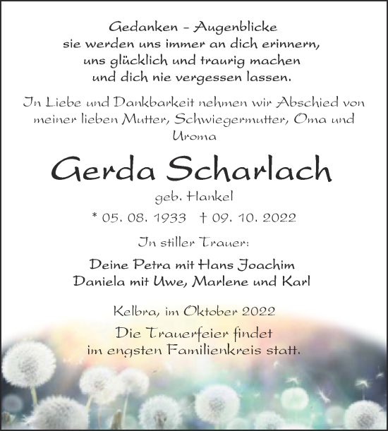 Traueranzeige von Gerda Scharlach von Trauerkombi Sangerhausen