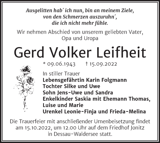 Traueranzeige von Gerd Volker Leifheit von Trauerkombi Dessau