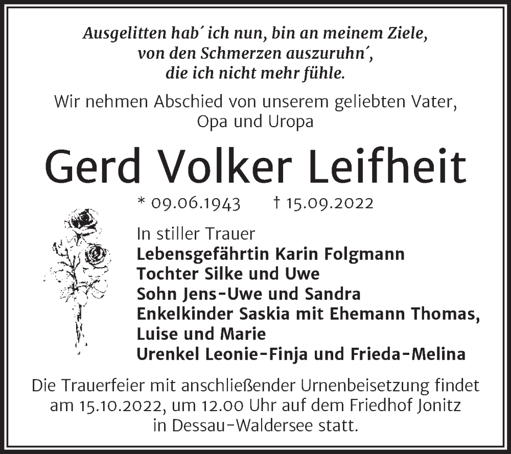  Traueranzeige für Gerd Volker Leifheit vom 01.10.2022 aus Trauerkombi Dessau