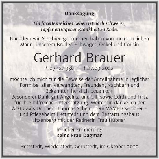 Traueranzeige von Gerhard Brauer von Trauerkombi Mansfelder Land