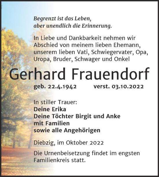 Traueranzeige von Gerhard Frauendorf von Trauerkombi Köthen