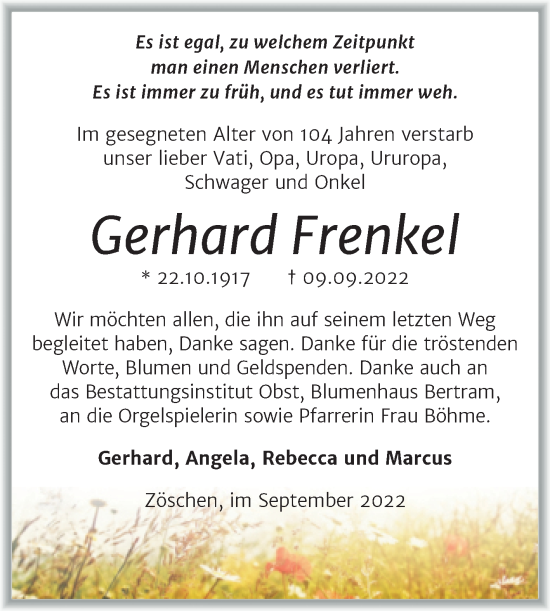 Traueranzeige von Gerhard Frenkel von Trauerkombi Merseburg