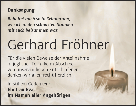 Traueranzeige von Gerhard Fröhner von Trauerkombi Mansfelder Land