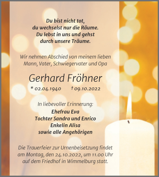 Traueranzeige von Gerhard Fröhner von Trauerkombi Mansfelder Land