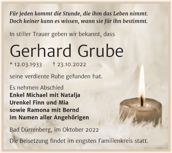 Traueranzeige von Gerhard Grube von Trauerkombi Merseburg