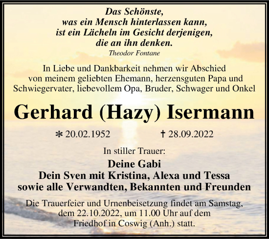 Traueranzeige von Gerhard Isermann von Trauerkombi Wittenberg