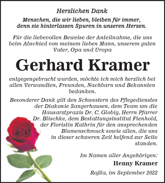 Traueranzeige von Gerhard Kramer von Trauerkombi Sangerhausen