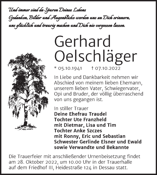 Traueranzeige von Gerhard Oelschläger von Trauerkombi Dessau