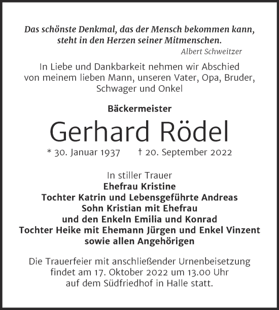 Traueranzeige von Gerhard Rödel von Mitteldeutsche Zeitung Halle/Saalkreis