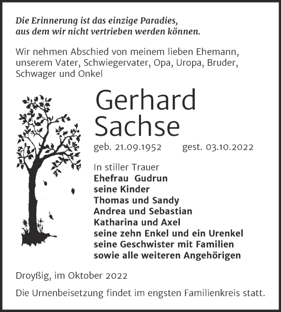 Traueranzeige von Gerhard Sachse von Trauerkombi Zeitz