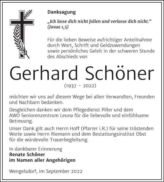 Traueranzeige von Gerhard Schöner von Trauerkombi Weißenfels