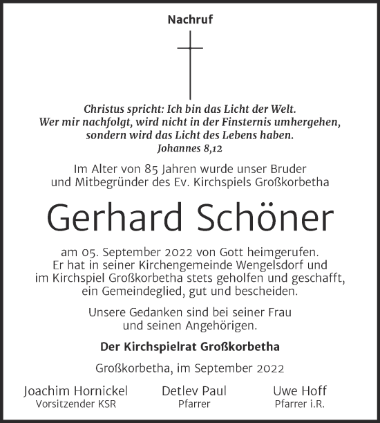 Traueranzeige von Gerhard Schöner von Wochenspiegel Weißenfels