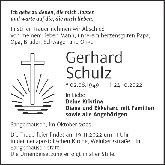Traueranzeige von Gerhard Schulz von Trauerkombi Sangerhausen