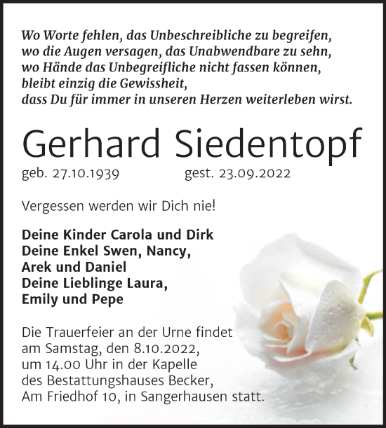 Traueranzeige von Gerhard Siedentopf von Trauerkombi Sangerhausen