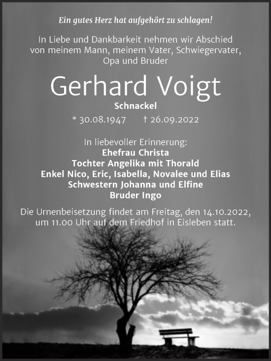 Traueranzeige von Gerhard Voigt von Trauerkombi Mansfelder Land