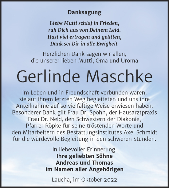 Traueranzeige von Gerlinde Maschke von Wochenspiegel Naumburg/Nebra
