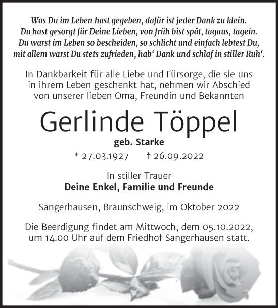 Traueranzeige von Gerlinde Töppel von Mitteldeutsche Zeitung Sangerhausen