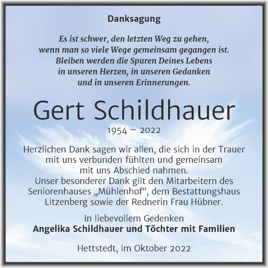 Traueranzeige von Gert Schildhauer von Trauerkombi Mansfelder Land