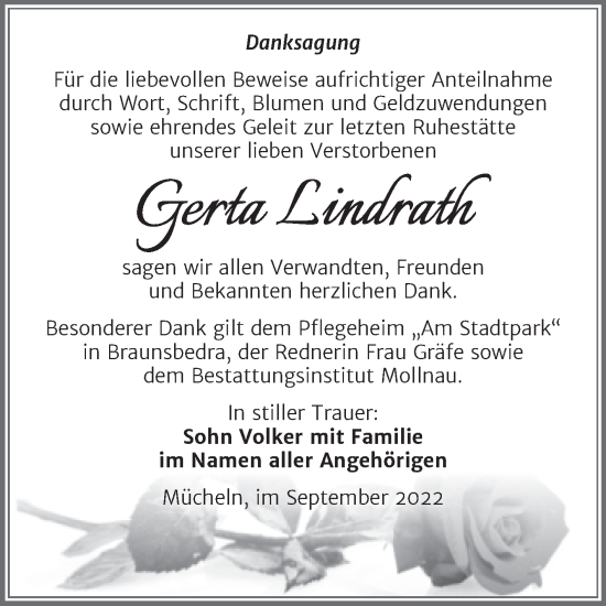 Traueranzeige von Gerta Lindrath von Trauerkombi Merseburg