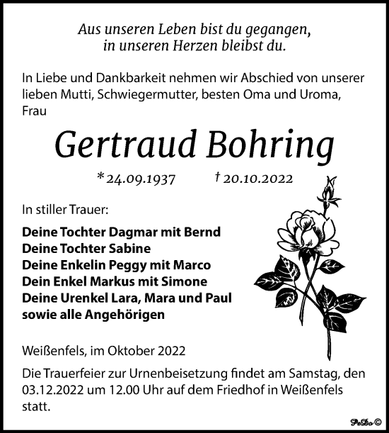 Traueranzeige von Gertraud Bohring von Trauerkombi Weißenfels