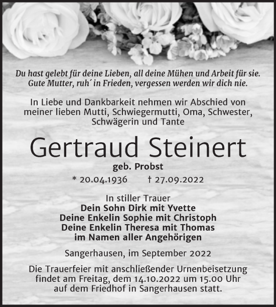 Traueranzeige von Gertraud Steinert von Trauerkombi Sangerhausen