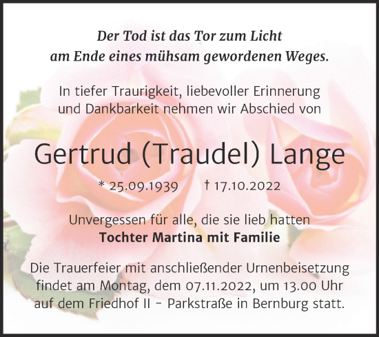 Traueranzeige von Gertrud  Lange von Trauerkombi Bernburg